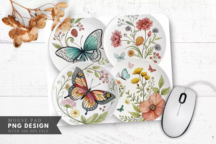 Butterfly and Floral Decorative Mouse Pad PNG Design