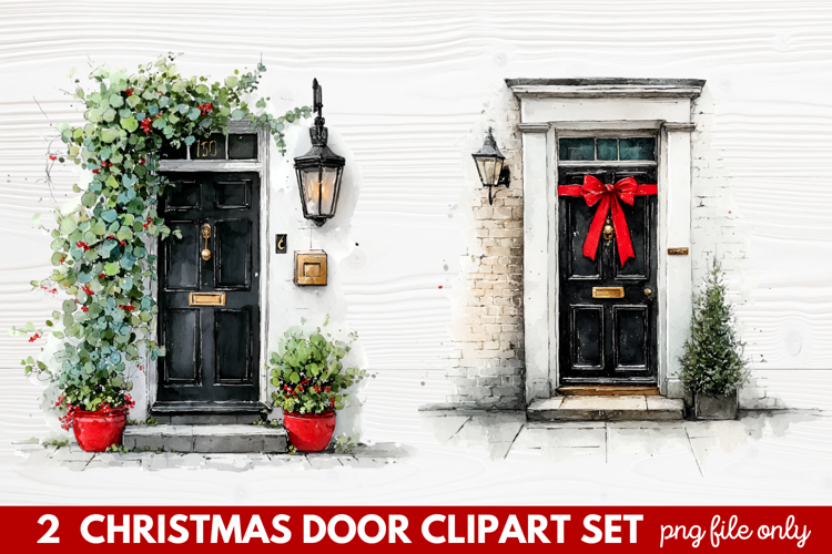 2 Christmas Door Clipart Set | Festive Holiday Front Door