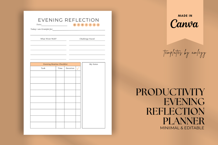 Productivity Evening Reflection Planner Template | Editable