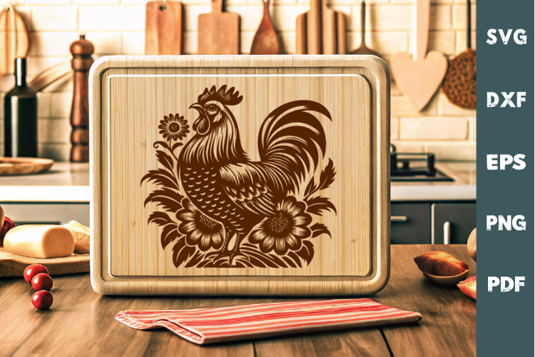 Rooster laser SVG PNG| Floral Chicken Cutting Board