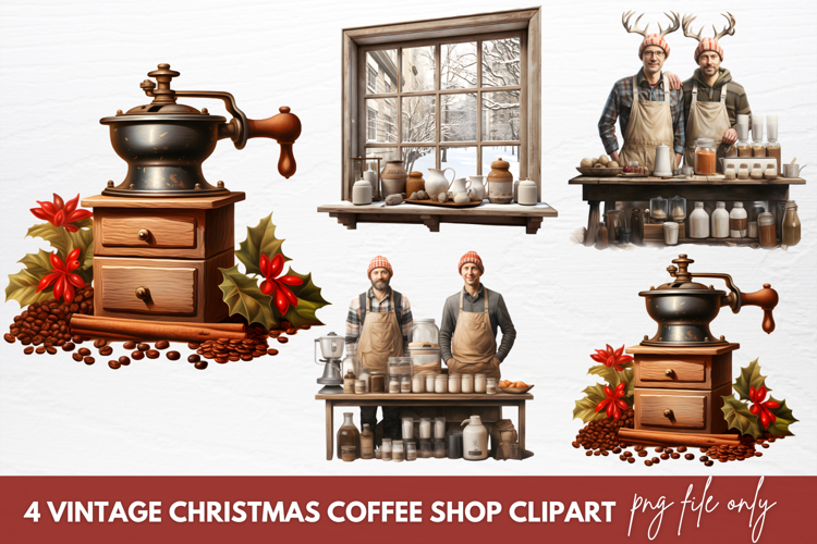 Vintage Christmas Coffee Shop Clipart Sublimation