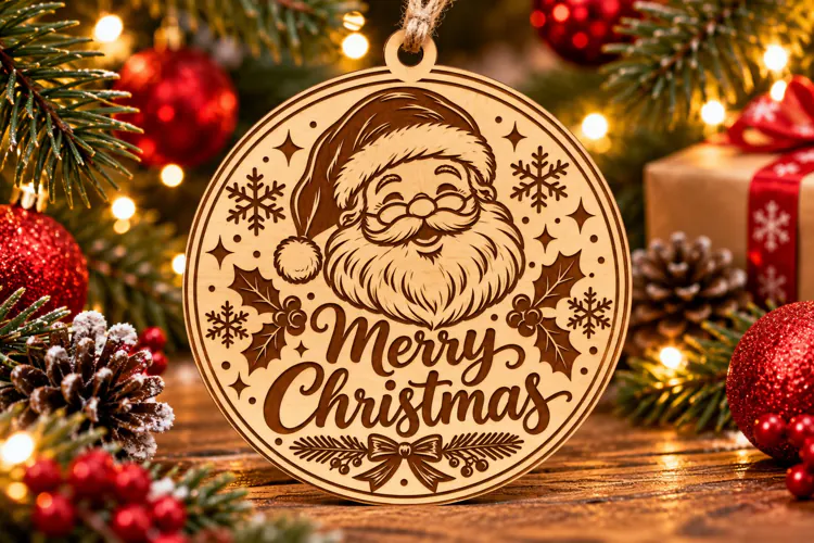 Merry Christmas Santa Wooden Ornament PNG Laser Cut SVG