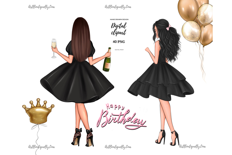 Birthday Girl Clipart Black Dress | Fashion Woman Champagne