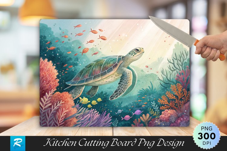 Sea Turtle Gliding Colorful Foliage Cutting Board PNG