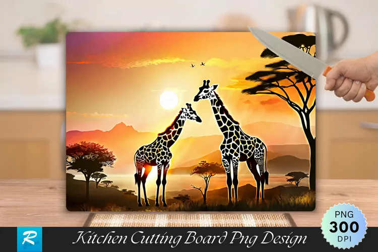Giraffe With Sunset Nature Cutting Board Sublimation Design