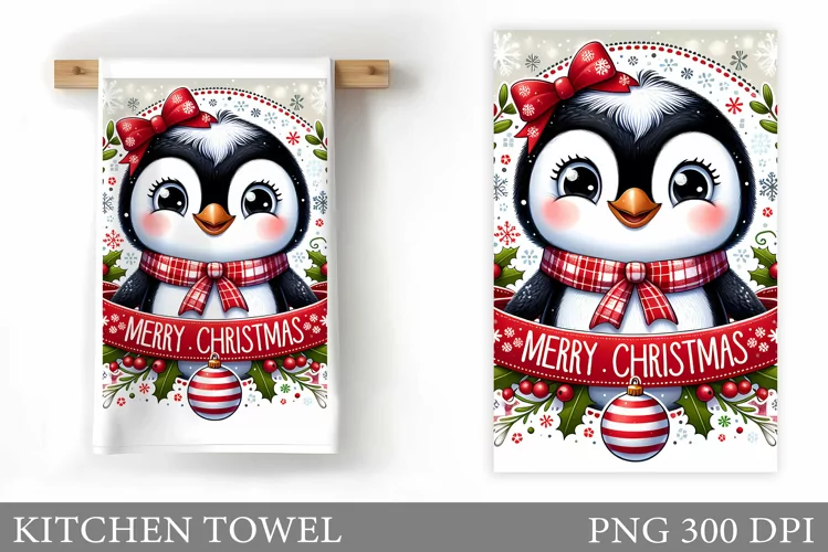 Cute Penguin Kitchen Towel. Christmas Kitchen Towel Design