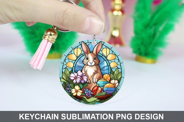 Bunny Round Keychain, Bunny Flowers Keychain Design