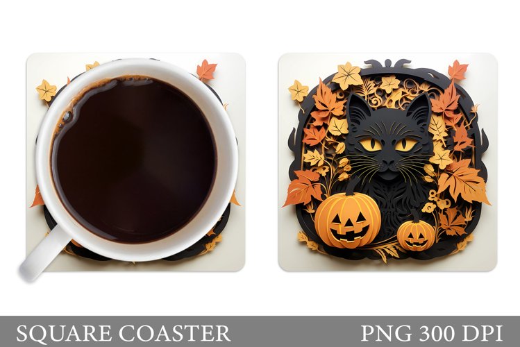 Halloween Cat Coaster. Black Cat Square Coaster Design example image 1