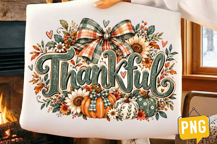 Thankful Thanksgiving PNG, Pumpkin Sunflower Bow Fall example image 1