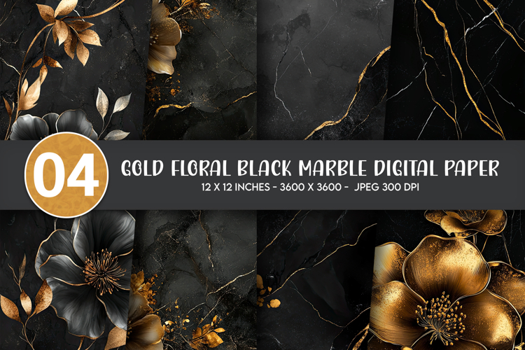 Gold Floral Black Marble Digital Paper example image 1