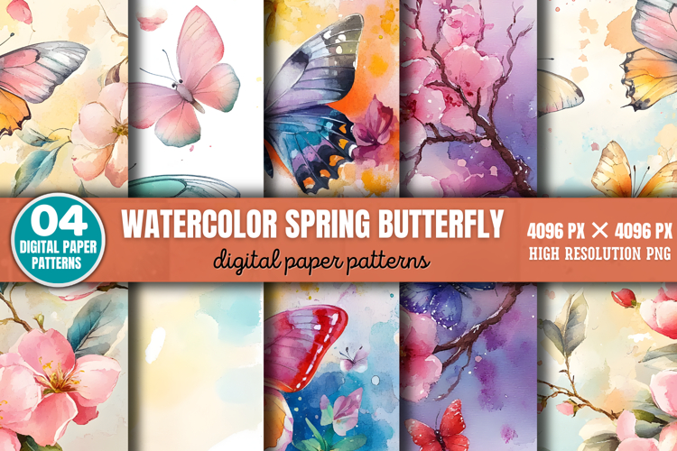 Watercolor Spring Butterfly Background Paper PNG