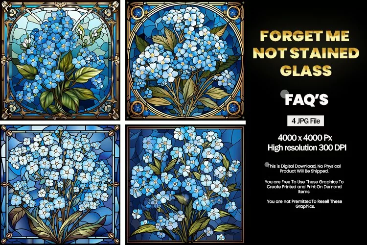Stained Glass Forget Me Not Square Coaster - 04 Variations