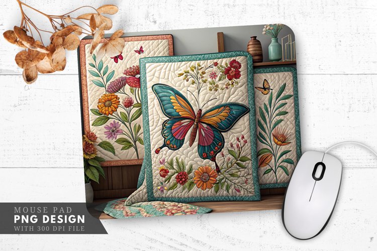 Butterfly And Floral Quilts Mouse Pad PNG Design example image 1