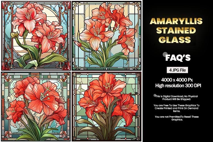 Stained Glass Amaryllis Square Coaster - 04 Variations example image 1