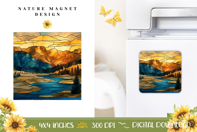 Stained Glass Nature Magnet PNG, Mountains Magnet Print