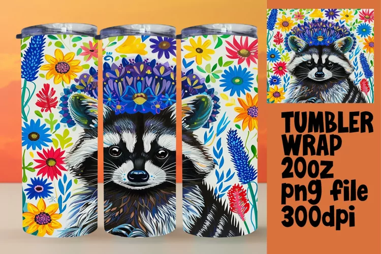 Vibrant Raccoon & Flower Tumbler Wrap 20oz Sublimation
