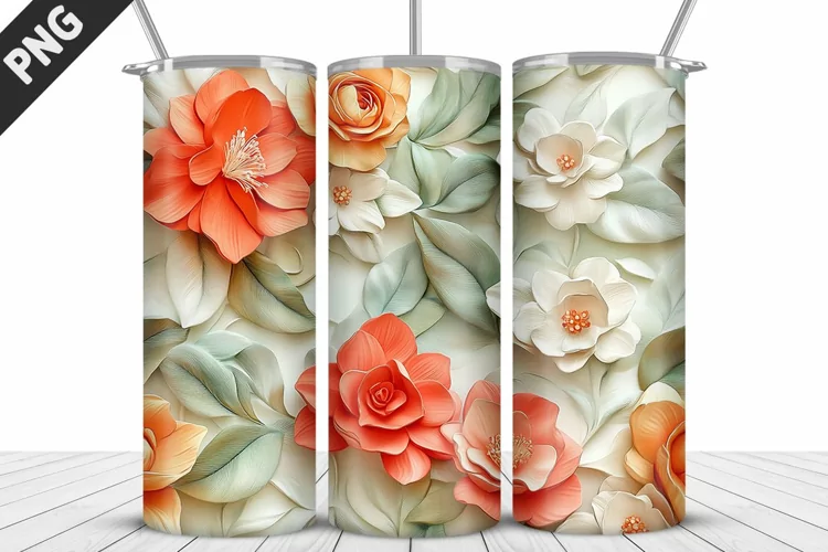 3D White Flowers Tumbler Wrap | Sublimation Design | Tumbler