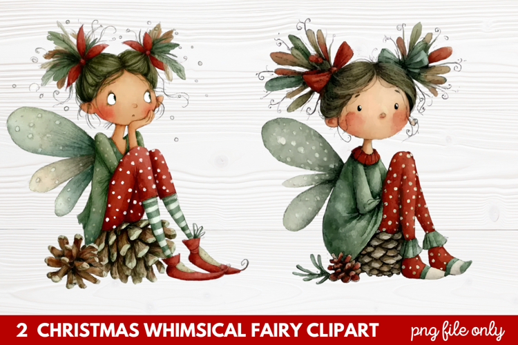 2 Christmas Whimsical Fairy Clipart | Cute Holiday Fairies