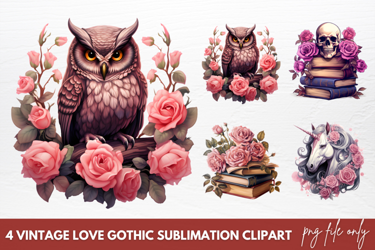 Vintage Love Gothic Sublimation Clipart, Pink Halloween