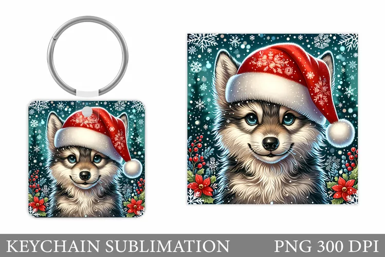 Christmas Wolf Keychain. Christmas Keychain Sublimation