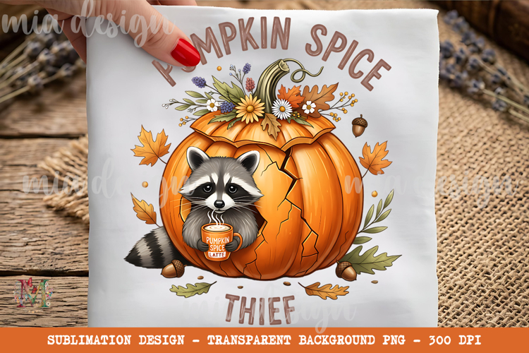Pumpkin Spice Thief PNG, Cute Raccoon Sublimation Design