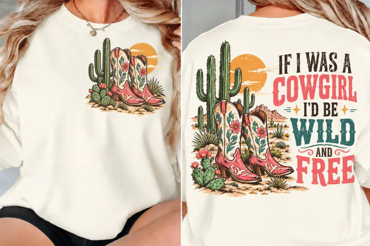 Cowgirl Wild and Free Front Back PNG, Western Cowgirl Front