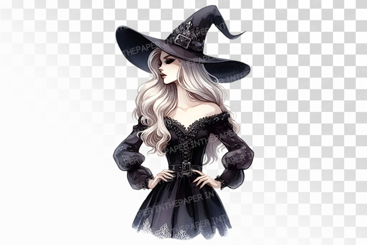 Halloween Witch Elegant Lace Gown Digital Art PNG