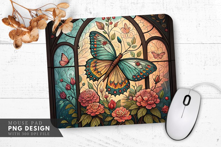 Butterfly and Floral Stained Glass Design Mouse Pad PNG
