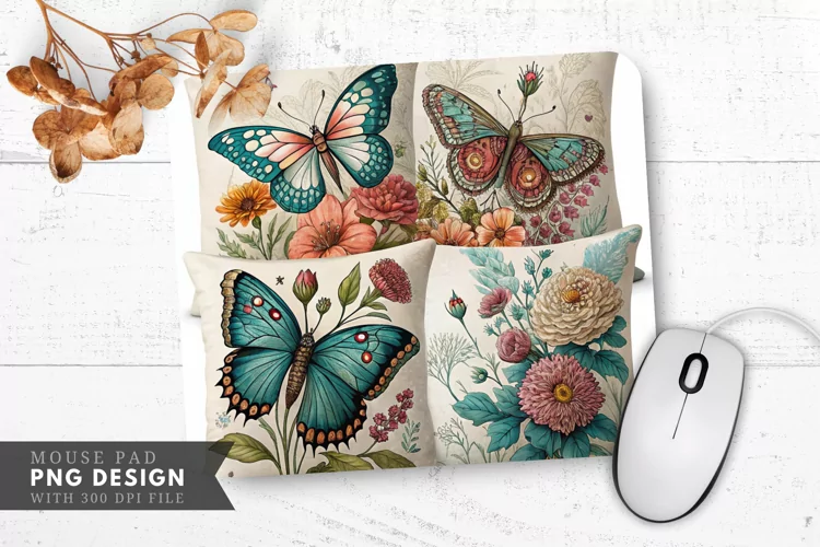 Butterfly Floral Decorative Pillow Mouse Pad PNG Design