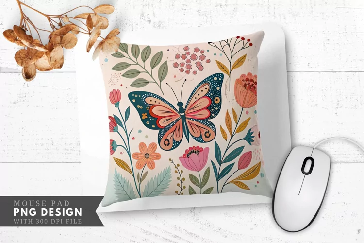 Butterfly Floral Decorative Pillow Mouse Pad PNG Design