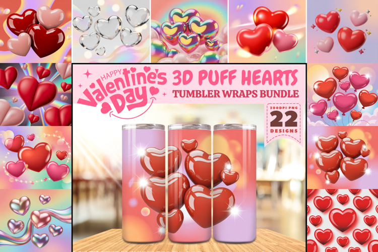 Valentine’s Day 3D Puff Hearts Tumbler Wrap PNG Big Bundle
