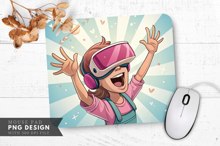 Joyful Cartoon Gamer in VR Mouse Pad PNG Design