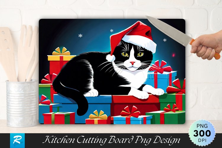 Festive Tuxedo Cat with Santa Hat Cutting Board PNG