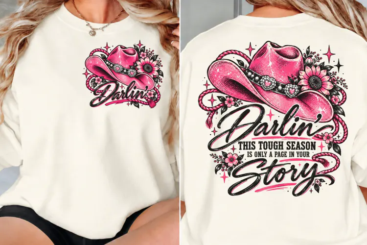 Darlin Front Back Western Shirt PNG, Pink Cowgirl Front Back