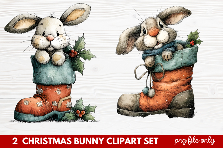 2 Christmas Bunny Clipart Set | Cute Holiday Bunny PNG Illus