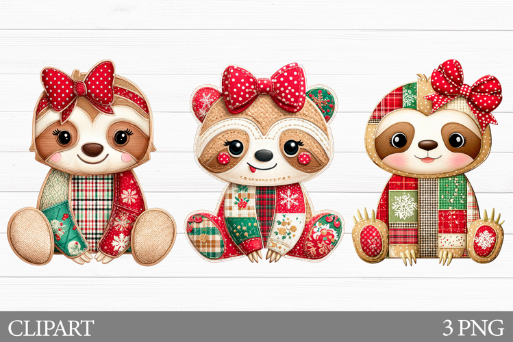 Christmas Sloth Clipart. Patchwork Christmas Clipart