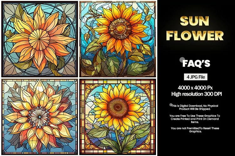 Stained Glass Sunflower Square Coaster - 04 Variations