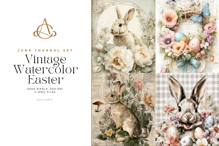 Vintage Watercolor Easter Junk Journal Pages