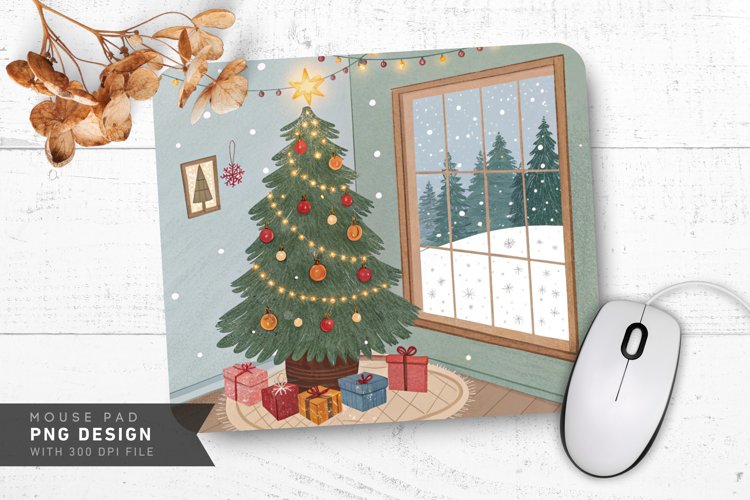 Whimsical Christmas Corner with Glowing Tree Mouse Pad PNG