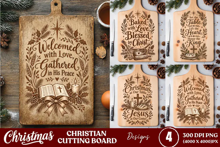 4 Christian Christmas Cutting Board PNGs, 4 Rustic Faith Cut