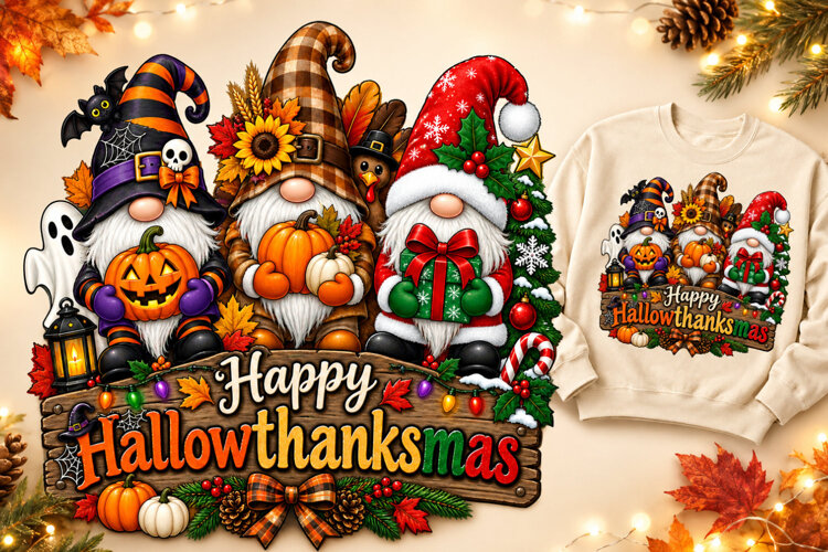 Happy Hallowthanksmas Gnome Trio PNG example image 1