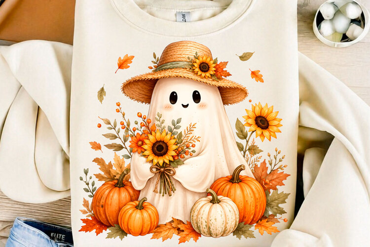Cute Sunflower Fall Ghost PNG example image 1