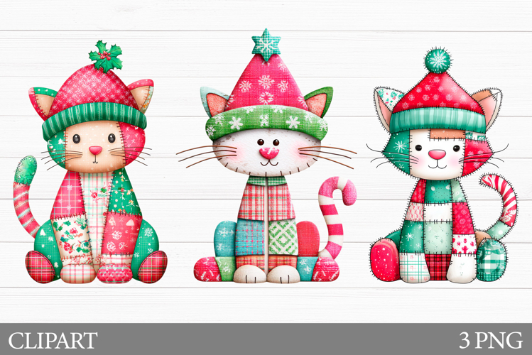 Christmas Cat Clipart. Patchwork Christmas Clipart
