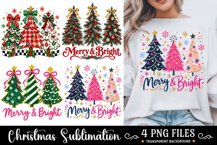 Merry Bright Glitter Trees PNG, Funny Christmas PNG, Tree example image 1