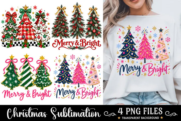 Merry Bright Glitter Trees PNG, Funny Christmas PNG, Tree
