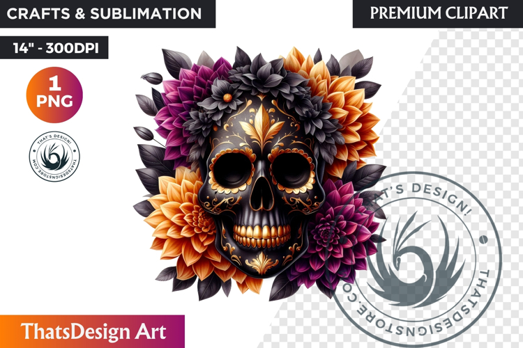 Floral Black Gold Sugar Skull dia de muertos Clipart PNG