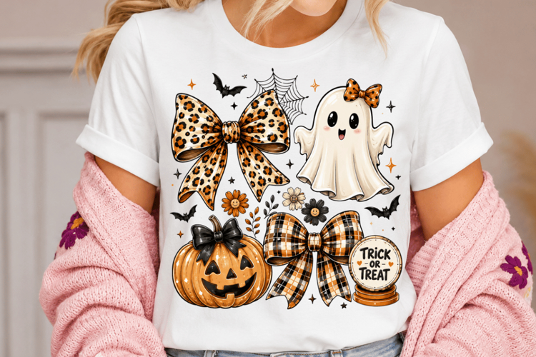 Halloween Ghost PNG, Leopard Bow Halloween PNG, Cute Ghost