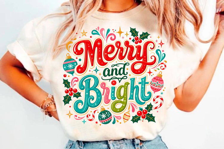 Retro Merry & Bright Christmas PNG