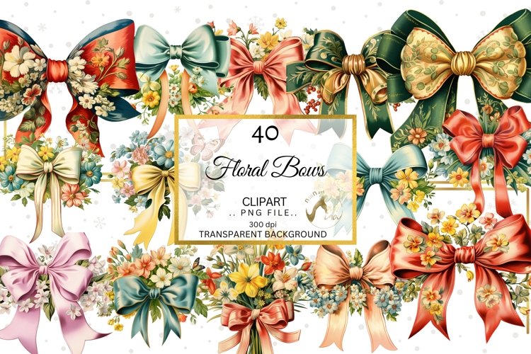 Bow Clipart, 40 High Quality PNG files, Floral illustration