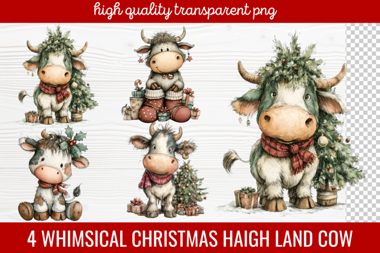 4 Whimsical Christmas Highland Cow Clipart | Cute Festive